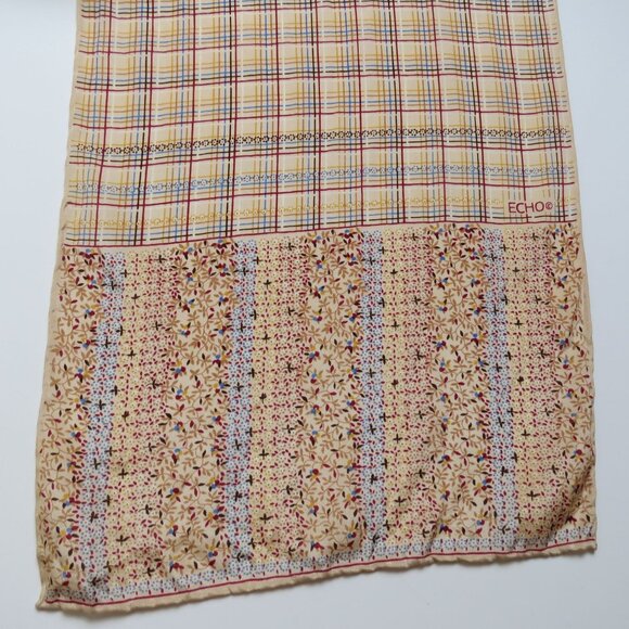 Vintage ECHO Autumnal Long Silk Scarf 57"x9" Muted Plaid Floral Border - Picture 7 of 8